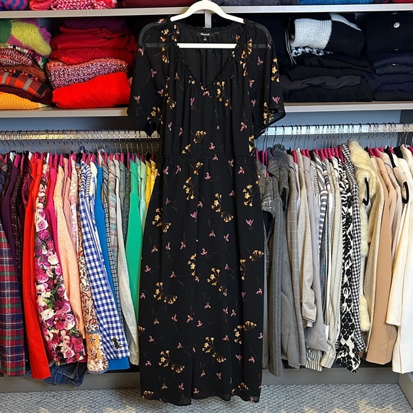 Madewell Dresses & Skirts - Madewell black/purple/yellow floral shirt sheer sleeve lined midi dress size M